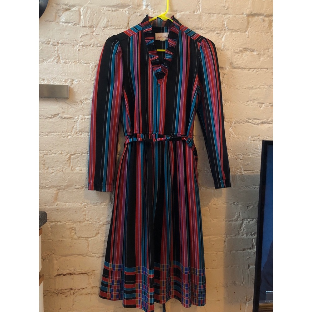 Vintage Colorful Long Sleeve Striped Tie Dress